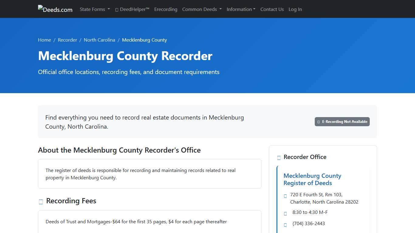 Mecklenburg County Recorder Information, North Carolina - Deeds.com